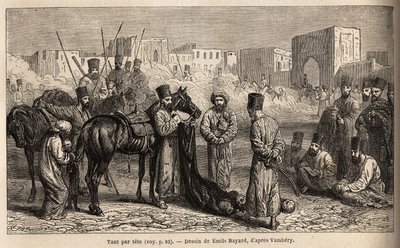 An accountant of the Khan receives delivery of the heads of enemies and hostages. Engraving in Le tour du monde, edited by Edouard Charton by Unknown artist