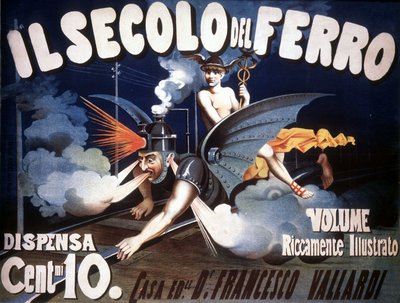 An allegorical representation of a half-train, half-dragon machine with a human face symbolizing progress. 