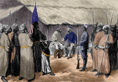 An encounter between David Livingstone, an English missionary and explorer of Africa, and Henry Morton Stanley, Welsh journalist and explorer of Africa, in a village in Central Africa by Unknown artist