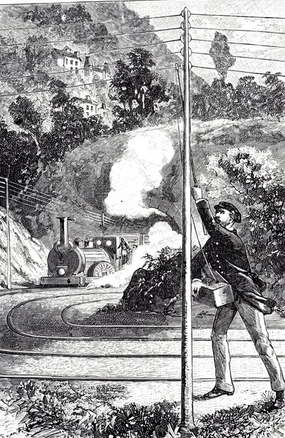 An engraving depicting a train worker sending an emergency signal on a railway telegraph by Unknown artist