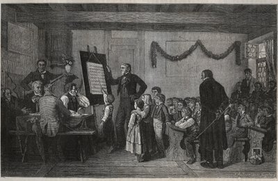 An examination session at a Swiss school - engraving in 