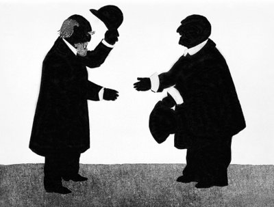 An imagined encounter between Eduard Hanslick (1825 - 1904), Austrian musicologist and composer Anton Bruckner (1824 - 1896). Chinese shadow. by Unknown artist
