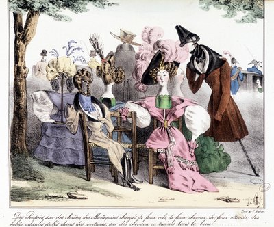 An ironic description of the 19th century bourgeois fashion: “Dolls on chairs, models loaded with fake collars, fake horses, fake attractions; ridiculous clothes spread out in cars, on horses or dragged in mud.” In “La silhouette”, satirical journal by Unknown artist