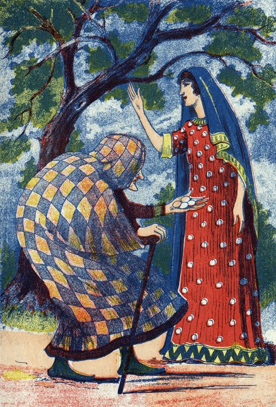 An old lady gives four eggs to Florine. Illustration for the tale 