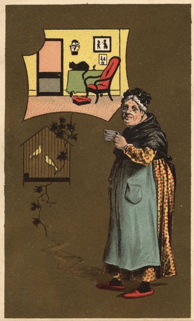 An old woman holding a cup near a cage with birds by Unknown artist