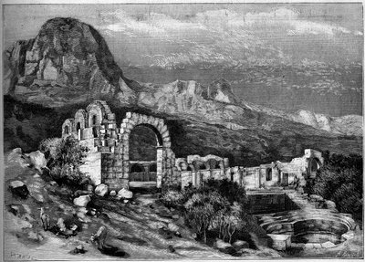 Ancient Architecture: Ruins of the Roman Temple of Zaghouan (Tunisia). Engraving by Riugel in 