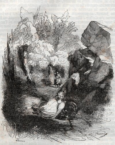 Angelique (Angelica) fleeing the old hermit - engraving of 1851 from Furious Roland (Orlando furioso) (16th century) by Ludovico Ariosto, known as the Ariosta - Edition translated from Italian by the Count of Tressan and published by Gustave Harvard 1 by Unknown artist