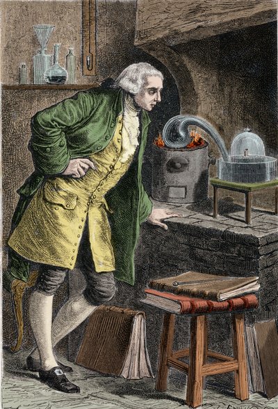 Antoine Laurent Lavoisier investigating the existence of oxygen in the air: experiment in which he obtained mercuric oxide. Engraving of the 19th century by Unknown artist