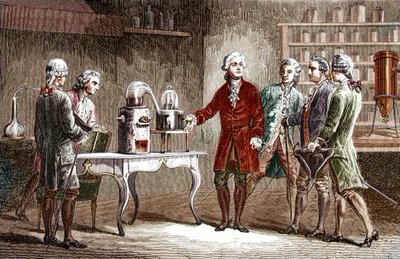 Antoine Laurent Lavoisier (1743-1894) Demonstrating the Decomposition of Air in 1776 - Antoine Laurent Lavoisier, English Chemist, Showing Fellow Scientists His Experiment Which Revealed the Composition of Air in 1776 - Engraving from Louis Figuier by Unknown artist