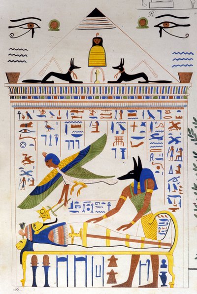 Anubis takes care of the mummy while the soul of the deceased flies for transmigration - in 