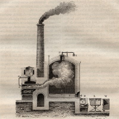 Apparatus for the distillation of crude sulphur - engraving in 