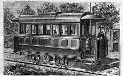 Application of Faure Batteries: Electric Tramway, Model of the Company of Omnibus, Powered by Batteries. Engraving in Le Monde Illustre by Unknown artist