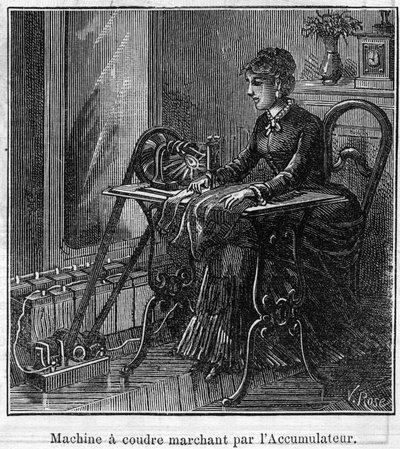 Application of Faure batteries: electric sewing machine walking through the accumulator. Engraving in 