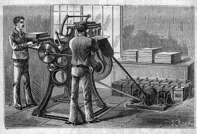 Application of Faure batteries: printer operated by the accumulator. In Le Monde Illustre by Unknown artist