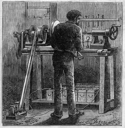 Application of Faure batteries: turn of a craftsman powered by the accumulator. In Le Monde Illustre by Unknown artist