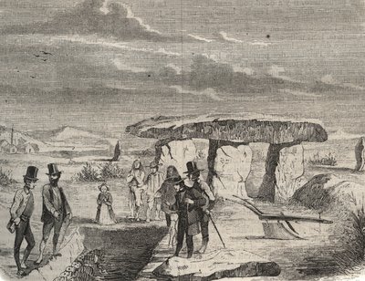 Archeological excavations: discovery of Gaul tombs near the Dolmen de la Pierre aux Fees in the Oise. Engraving from 1856 in 