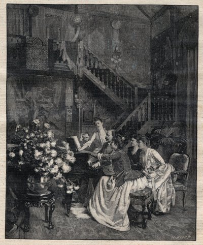 Around a score - Jules Massenet (1842-1912), French composer, playing with friends “Le portrait de Manon” - Engraving in “Le Progres illustrious” de 1895 by Unknown artist