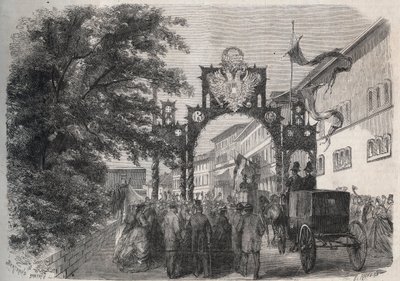 Arrival of Empress Elisabeth of Austria (Sissi) in Bad Kissingen (Spa) in 1865 (engraving in 