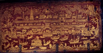Arrival of the Portuguese in Nanjing, China. Box cover covered with red and gold paint. 17th century by Unknown artist