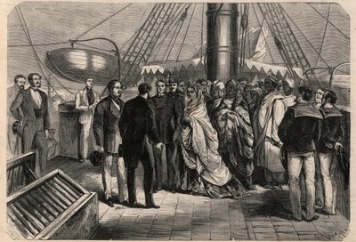 Arrival in Marseille of Zombe-Fatoum, Queen of Moheli in the Comoros. She is also called Djombe-Fatouma or Jumbe Fatouma or Jumbe Fatima. Engraving in 