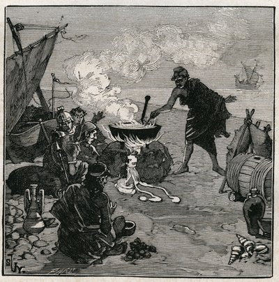 Art of Glass: Discovered Vitrification According to Pliny the Elder. In Antiquity, Merchants Failed on a Beach Fire with Kali Plants Among the Fuels. These Vegetables Provide Enough Soda to Produce Glass by Mixing with Sand. Engraving from 1885 by Unknown artist