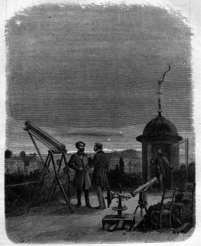 Astronomers observing with their astronomical glasses the planet Mercury in the sky of Paris, February 17 by Unknown artist