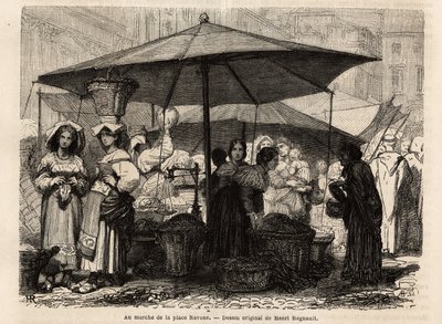 At the foot of Piazza Navona, Rome (Italy). Engraving to illustrate the voyage to Rome, by Francis Wey, in 1864-1868, published in 