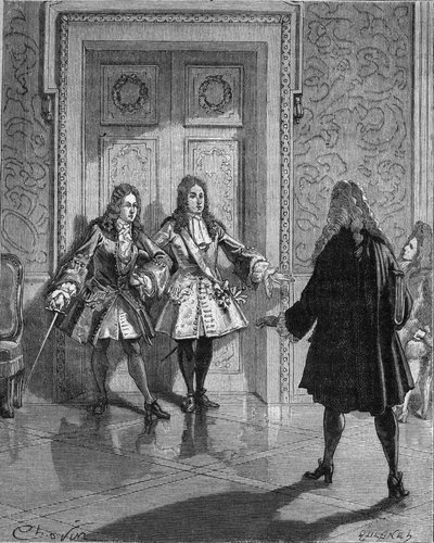August 1718: Saint Simon (Saint-Simon) (Louis de Rouvroy, Duke of) (1675-1755) Blocking the Passage to the Duke of Maine (Louis Auguste (Louis-Auguste) of Bourbon) (1670-1736). Engraving of the 19th Century. In 