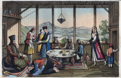Banqueting Scene in Greece in 19th Century - Engraving from 