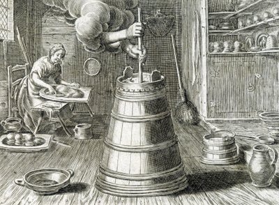 Churn for butter and cheese making - engraving by Unknown artist