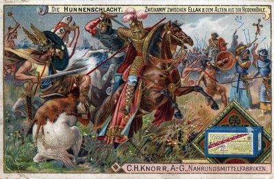 Barbarian invasions - History of Ekkehard IV of St. Gallen or Eckhard, Eckhart (980-1057) erudit, and Latin poet. Battle of the Huns. A singular battle between Ellak and the elder of the Heidenhohle by Unknown artist