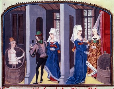 Bath scene. A voyeur spying through a hole in the wall a naked woman has her toilet by Unknown artist