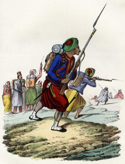 Battalion of Zouaves of the French army of Africa, composed of natives and formed by General Clausel in 1830 for the expedition of the Atlas to Algeria. In “Storia d