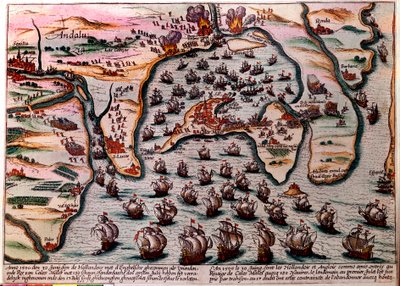 Battle Plan of Cales Males (Spain) on 30 June 1596. The fleet of the Dutch and English army enters as friends at Cales Males with 180 ships. The next day 1 July, surprised by treason, they had to abandon the city with shame. Engraving by Unknown artist