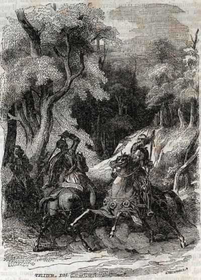 Battle between Roland and Ferragus - engraving of 1851 from Furious Roland (Orlando furioso) (16th century) by Ludovico Ariosto, known as the Ariosta - Edition translated from Italian by the Count of Tressan and published by Gustave Harvard 1851 by Unknown artist