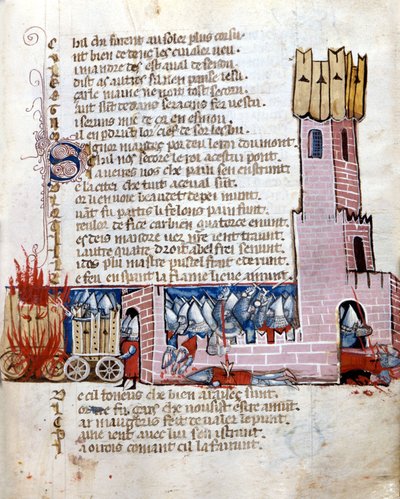 Battle in a castle. The tanks are on fire. Manuscript from the 13th century. by Unknown artist