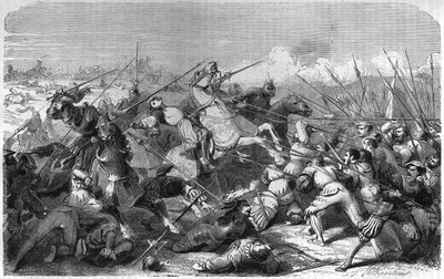 Battle of Ravenna, death of Gaston of Foix Duke of Nemours on 11 April 1512. Engraving of the 19th century by Unknown artist