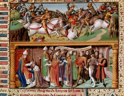 Battle scene and coronation of Emperor Lothary II of Supplinburg (or Lothary III of the Holy Empire, Emperor of the Holy Roman Empire) (1075-1137) from 