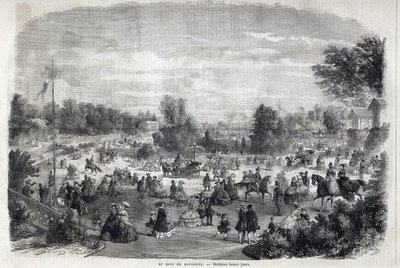Beautiful days at the Bois de Boulogne in Paris. Engraving in 