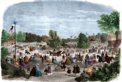 Beautiful days at the Bois de Boulogne in Paris. Engraving in 