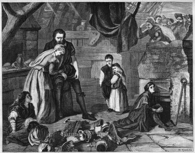 Bernard Palissy (1510-1590), French enameller, preferring to destroy his ceramics rather than sell them at a low price. Engraving in 