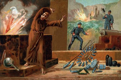 Berthold Schwartz, German chemist, inventor of gunpowder and Franciscan monk. Chromolithography of the 19th century by Unknown artist