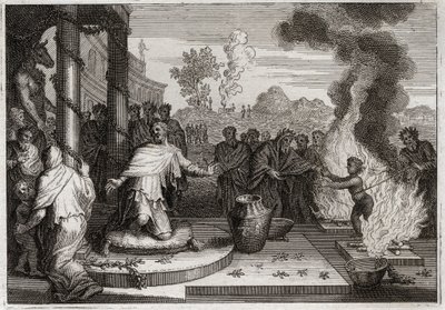 Bible of Royaumont, Old Testament: Ahaz Unholy King. The wicked Ahaz, King of Judah, irritates God, and is delivered to the enemies. Illustration from 1811 by Unknown artist