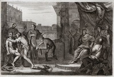 Bible of Royaumont, Old Testament: Ambassadors of David. David sent Joab against the Ammonites to take revenge for the insult that Hanun their Prince had made to his ambassadors, whom he had taken for spies. Illustration from 1811 by Unknown artist