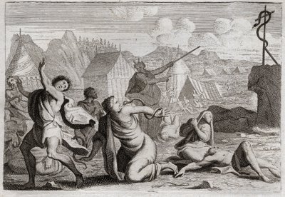 Bible of Royaumont, Old Testament: Brazen Snake. The people murmuring against God and against Moses, are punished by serpents of fire; from which they were wounded by a serpent of brazen, which Moses had raised to be seen from all the people. Illustration  by Unknown artist