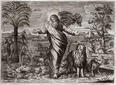 Bible of Royaumont, Old Testament: Creation of the World. God creates Heaven and Earth out of nothing, and in six days adorns it and populates it with creatures of all kinds. Illustration from 1811. by Unknown artist