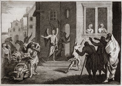Bible of Royaumont, Old Testament: Crimes of the Sodomites. Loth Receives Angels in His House. The Sodomites Want to Violate Them. The Angels Strike Them Blindly. Illustration from 1811 by Unknown artist