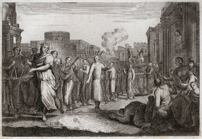 Bible of Royaumont, Old Testament: David dances before the Ark of the Covenant. David having resolved a second time to bring the Ark to his home, has it carried and accompanied by Levites, to avoid an accident similar to that of Uzzah. He
