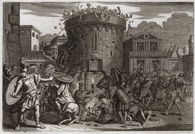Bible of Royaumont, Old Testament: Death of Abimelech. Abimelech is killed by a woman who crushes him with a stone at the siege of Thebez. Illustration from 1811 by Unknown artist