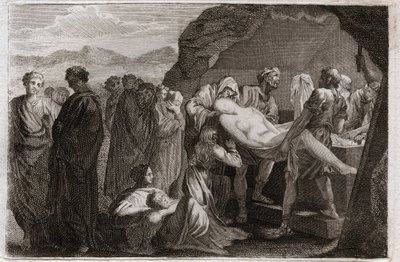 Bible of Royaumont, Old Testament: Death of Sarah. Sarah dies. Abraham buys a sepulchre from the city of Geth to bury her. Illustration from 1811. by Unknown artist